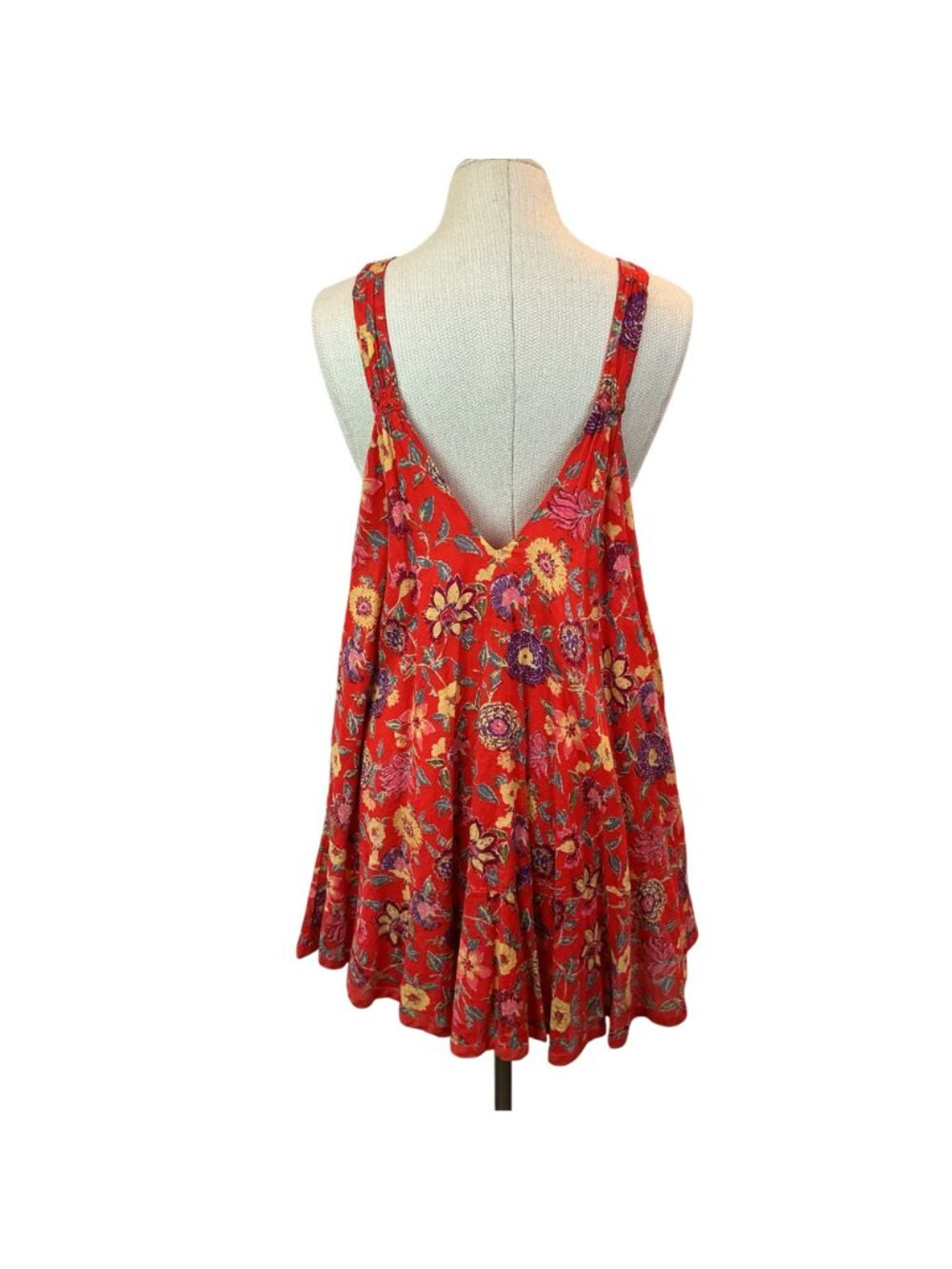 Free People Floral Red Sleeveless Boho Swing Dress XS 100% Cotton Smocked Front - Picture 9 of 11
